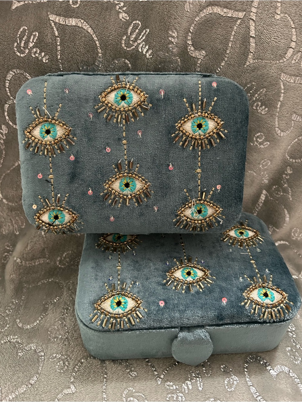NWT Crafted in India, Two Teal, Velvet Evil Eye Jewelry Boxes - Picture 2 of 5